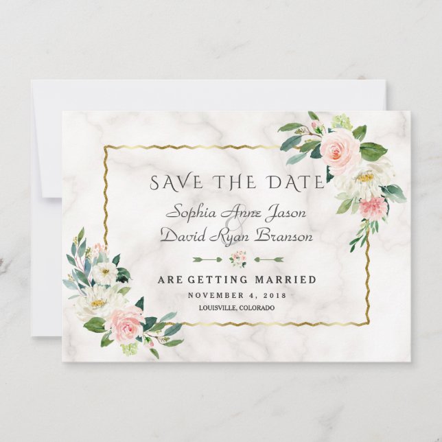 Save The Date Fleurs de rose luxe Cadre doré Marbre Mariage (Devant)