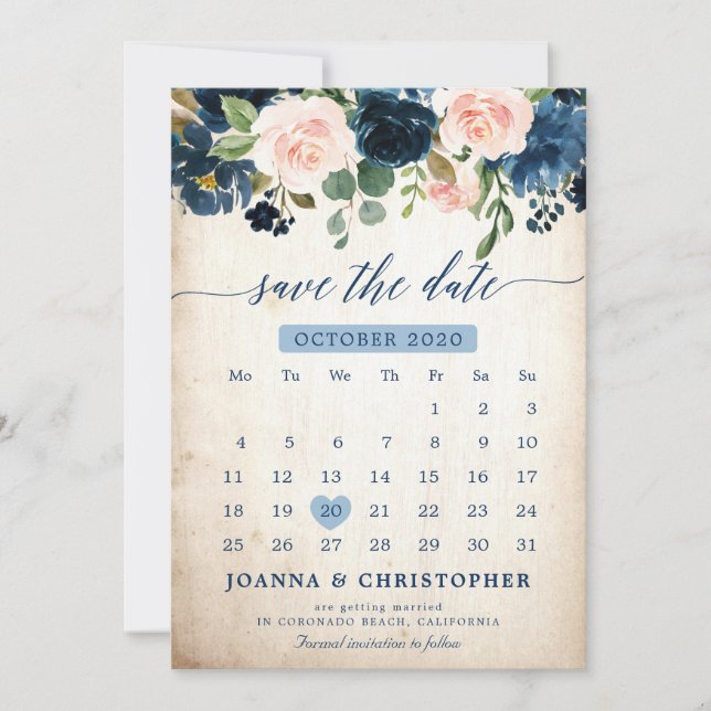 Save The Date Fleurs de rose rose blush bleu marine Botanique En (Devant)