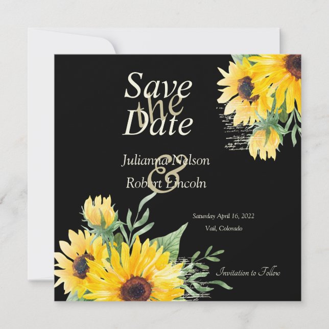 Save The Date Fleurs de soleil aquarelle sur mariage noir (Devant)