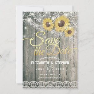 Save The Date Fleurs de soleil en bois rustique Mariage dentelle