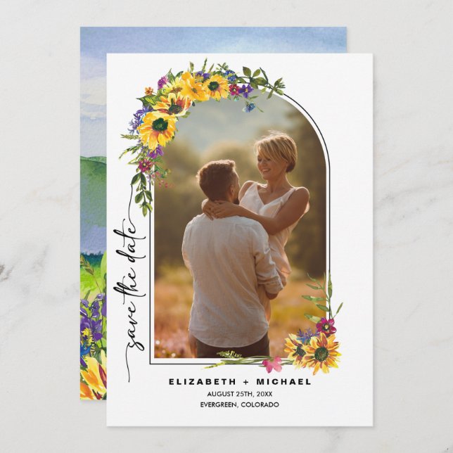 Save The Date Fleurs de soleil | Wild Meadow Summer Mariage Phot (Devant / Derrière)