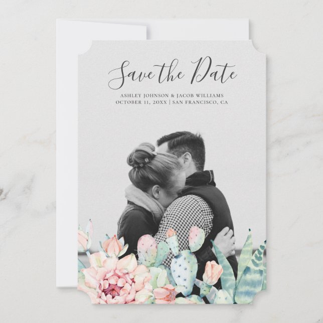 Save The Date Fleurs de succulentes à l'aquarelle. Photo de cact (Devant)