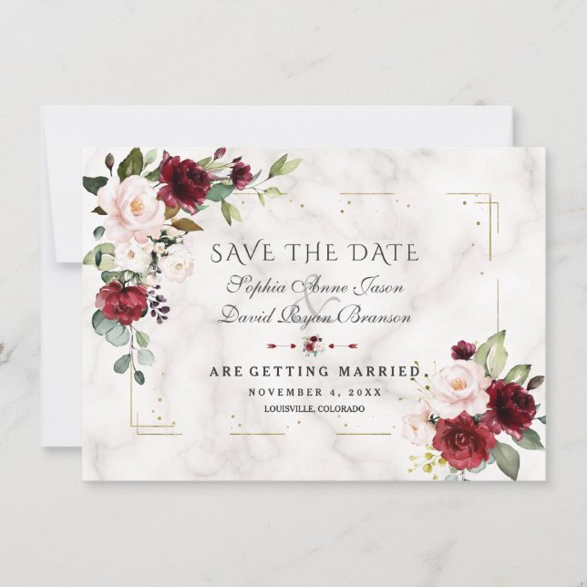 Save The Date Fleurs de teinte bordeaux Mariage Marbre Paillette (Devant)