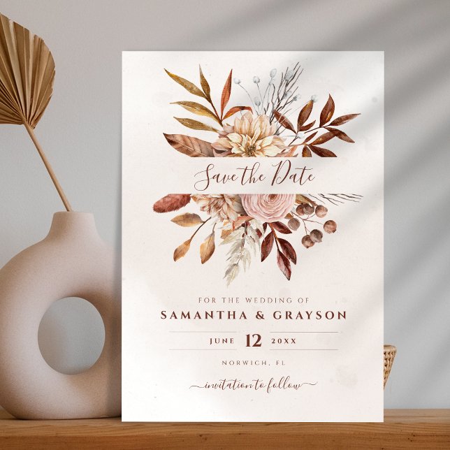 Save The Date Fleurs de terre cuite Boho rust automne feuillage (Créateur téléchargé)