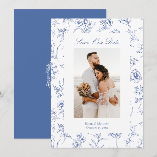 Save The Date Fleurs de toile de chinoiserie bleue Photo (Devant / Derrière)