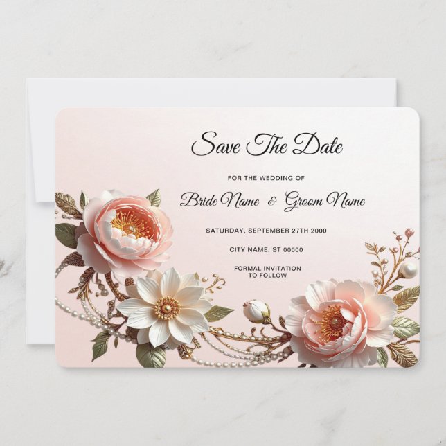 Save The Date Fleurs Décoratives Roses et Blanches Enregistrez l (Devant)
