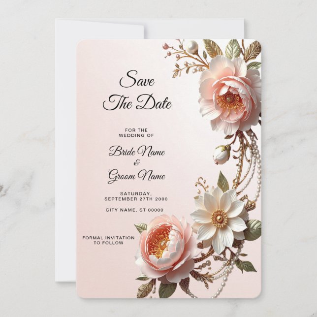 Save The Date Fleurs Décoratives Roses et Blanches Enregistrez l (Devant)