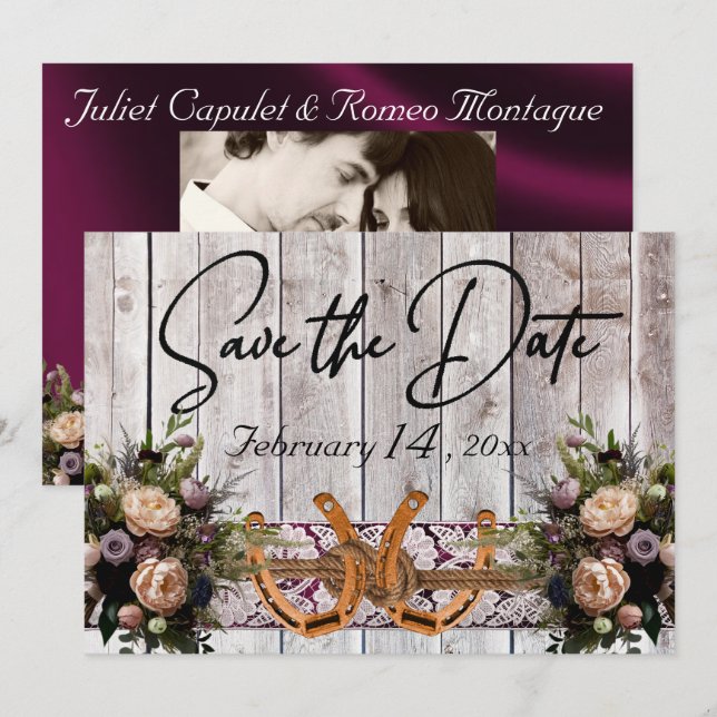 Save The Date Fleurs, dentelle et fer à cheval Mariage de ruban  (Devant / Derrière)