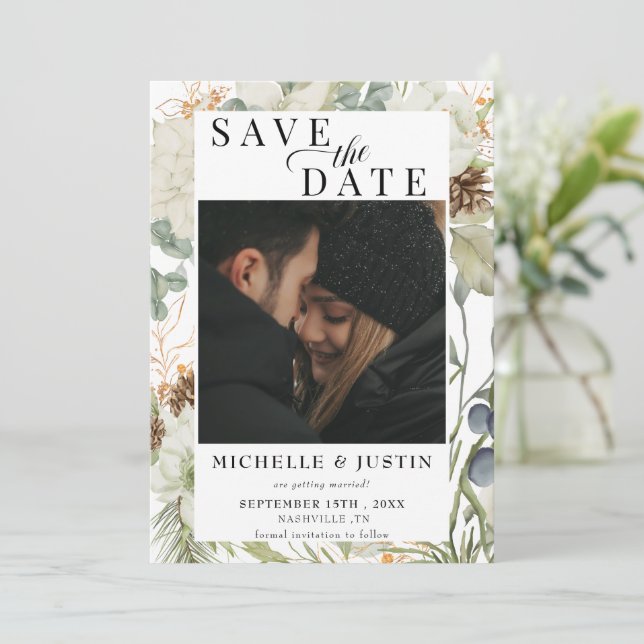 Save The Date Fleurs d'hiver | Mariage photo rustique (Debout devant)