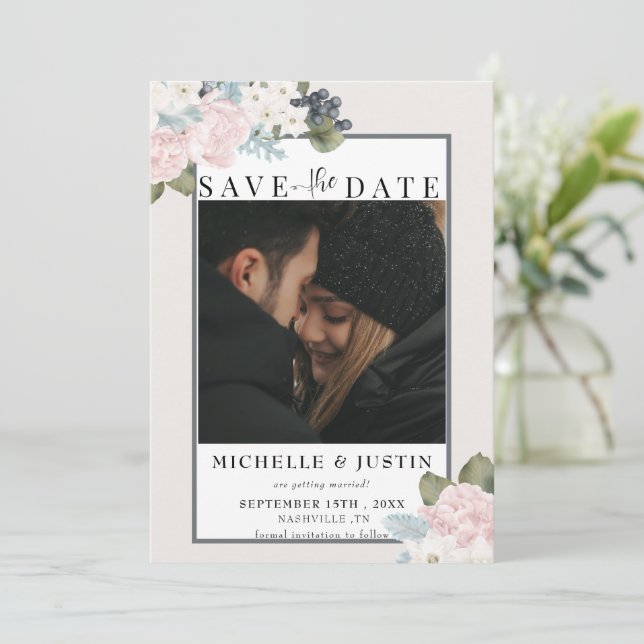 Save The Date Fleurs d'hiver | Mariage photo rustique (Debout devant)