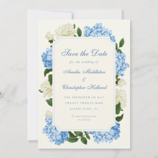 Save The Date Fleurs d'hortensia bleues et mariage de jardin de
