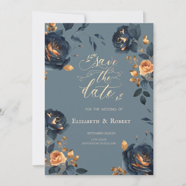 Save The Date Fleurs dorées et bleu marine Fleurs bleues poussié (Devant)