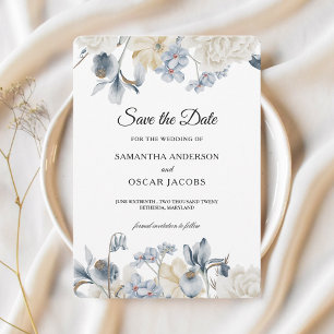 Save The Date Fleurs Élégantes Bleues et Blanches d'Hiver
