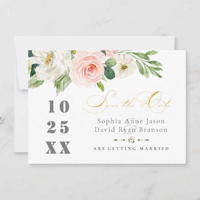 Save The Date Fleurs Élégantes de Mariage Rose Pâle Or (Devant)
