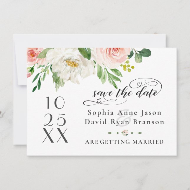 Save The Date Fleurs Élégantes de Teint Rose Mariage Écriture Ma (Devant)