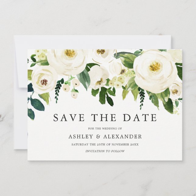 Save The Date Fleurs élégantes en fleurs blanches Toutes saisons (Devant)