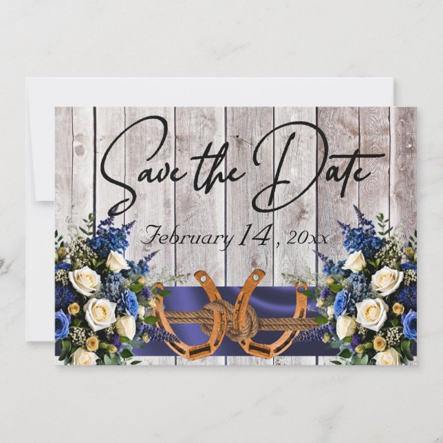 Save The Date Fleurs et fer à cheval, Mariage de ruban bleu (Devant)