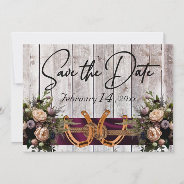 Save The Date Fleurs et fer à cheval, Mariage de ruban violet (Devant)