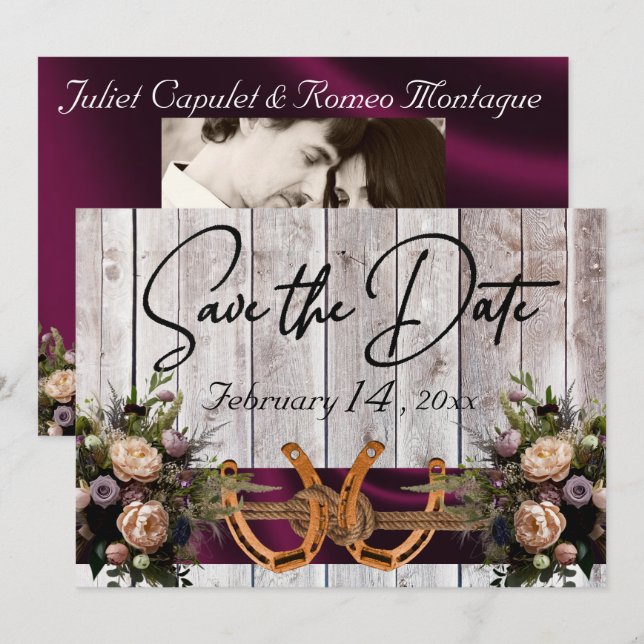 Save The Date Fleurs et fer à cheval, Mariage de ruban violet (Devant / Derrière)