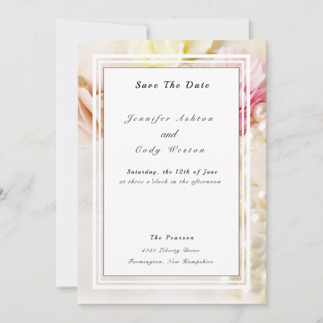 Save The Date Fleurs et perles Crème rose Mariage Peach (Devant)