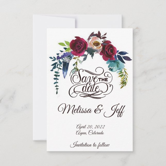 Save The Date Fleurs et plume boho pour annoncer la date (Devant)