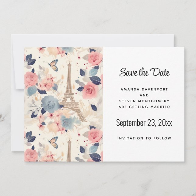 Save The Date Fleurs et Tour Eiffel Paris Motif Mariage (Devant)