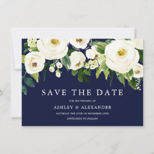 Save The Date Fleurs florissantes Marine & Blanc Élégantes Toute