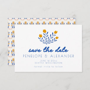 Save The Date Fleurs folk Scandi en Mariage bleu et jaune