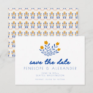 Save The Date Fleurs folkloriques scandinaves pour mariage bleu