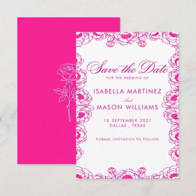 Save The Date Fleurs fuchsia électriques classiques pour sauver  (Devant / Derrière)