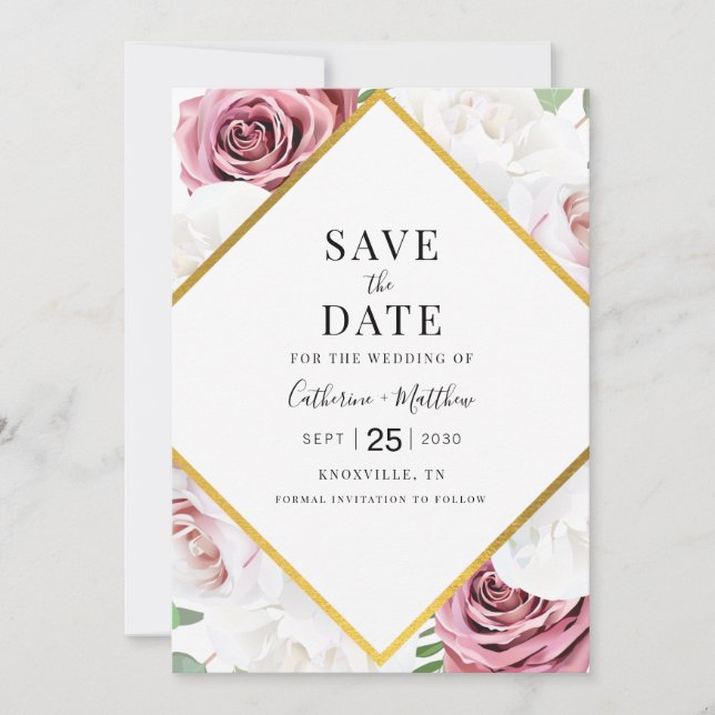 Save The Date Fleurs Géométriques Modernes Rose Pâle Typographie (Devant)