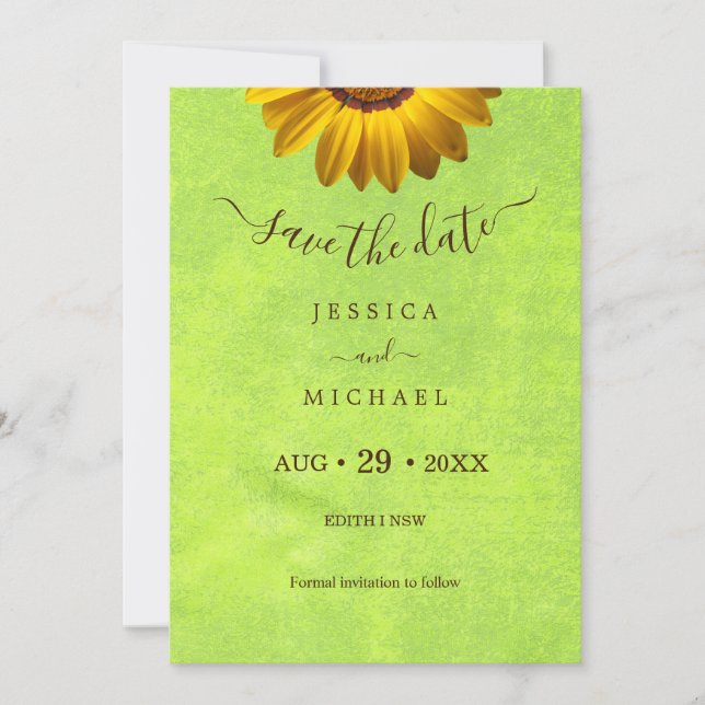 Save The Date Fleurs jaunes sur Mariage vert Abstrait (Devant)