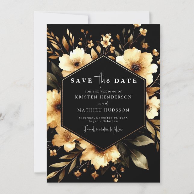Save The Date Fleurs Mariage élégant or et noir (Devant)