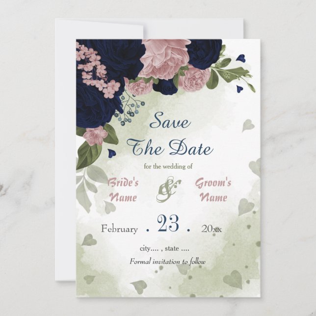 Save The Date fleurs marines et roses vert feuille botanique (Devant)
