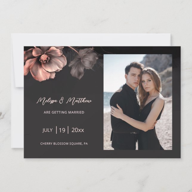 Save The Date Fleurs Métalliques Roses Mariage Noir (Devant)