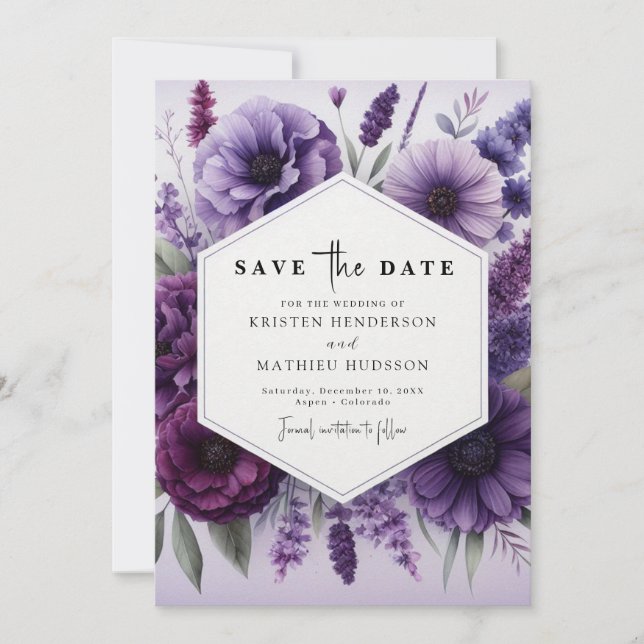 Save The Date Fleurs modernes Mariage floral violet (Devant)