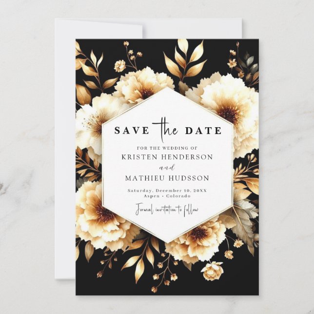 Save The Date Fleurs modernes Mariage or et noir (Devant)