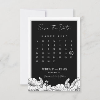 Save The Date Fleurs noir blanc photo monogramme mariage 