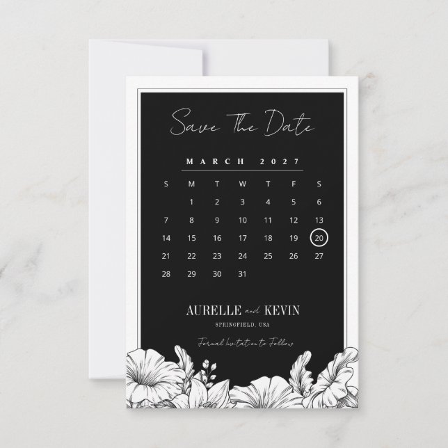 Save The Date Fleurs noir blanc photo monogramme mariage  (Devant)