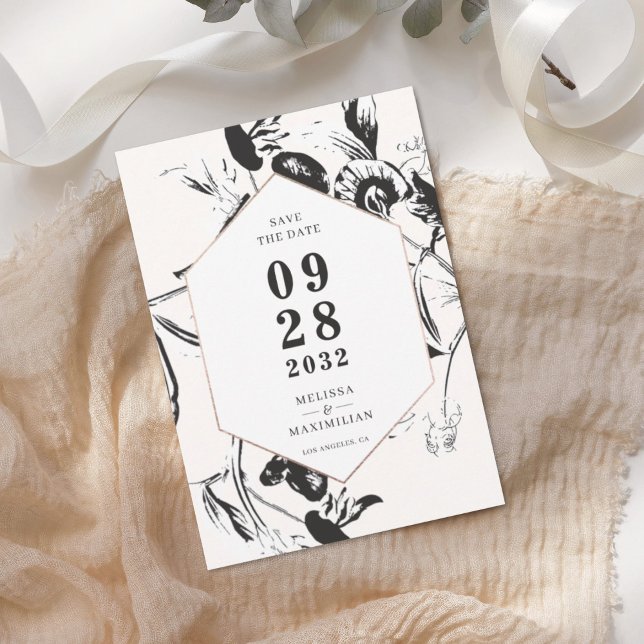 Save The Date Fleurs noir et blanc cadre géométrique mariage (Créateur téléchargé)