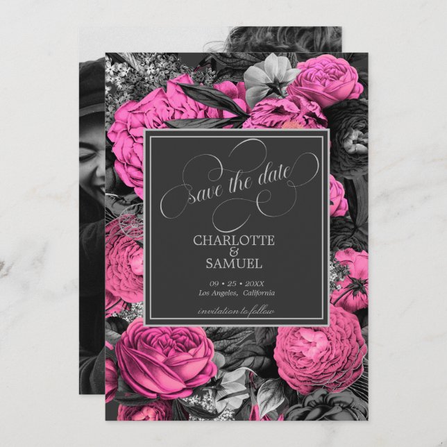 Save The Date Fleurs Noir Rose | Mariage Photo Noir et Blanc (Devant / Derrière)