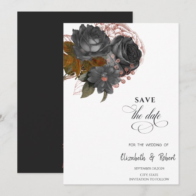 Save The Date Fleurs noires élégantes Enregistrer la date (Devant / Derrière)