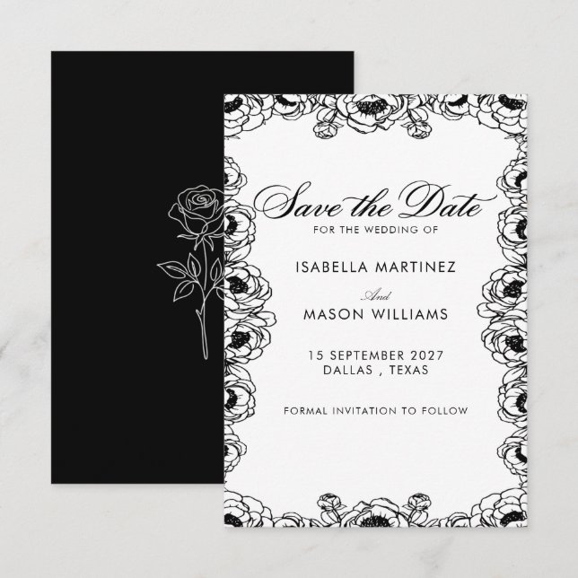 Save The Date Fleurs noires et blanches classiques pour sauver l (Devant / Derrière)