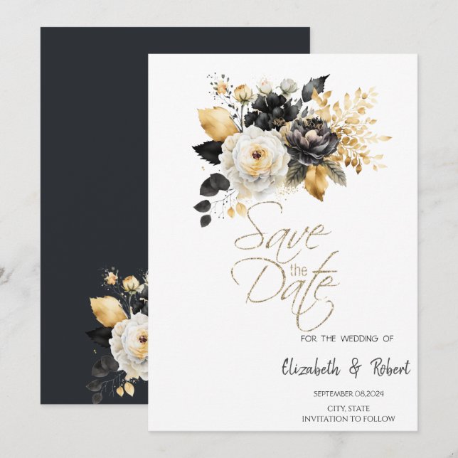 Save The Date Fleurs noires et blanches dorées Enregistrer la da (Devant / Derrière)