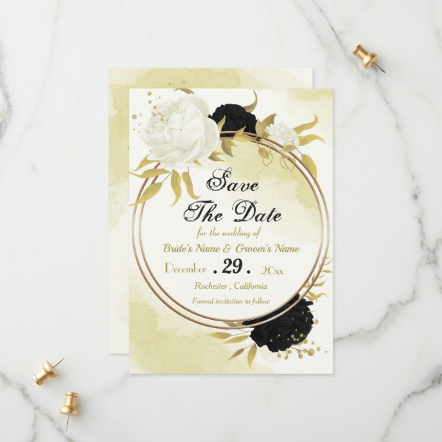 Save The Date fleurs noires et blanches feuilles dorées (Devant/Arrière en situation)