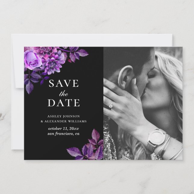 Save The Date Fleurs noires et violettes. Photo florale Lilac (Devant)