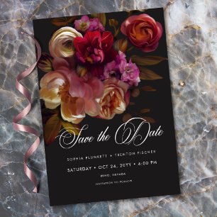 Save The Date Fleurs noires lunatiques Peint en rouge Bourgogne