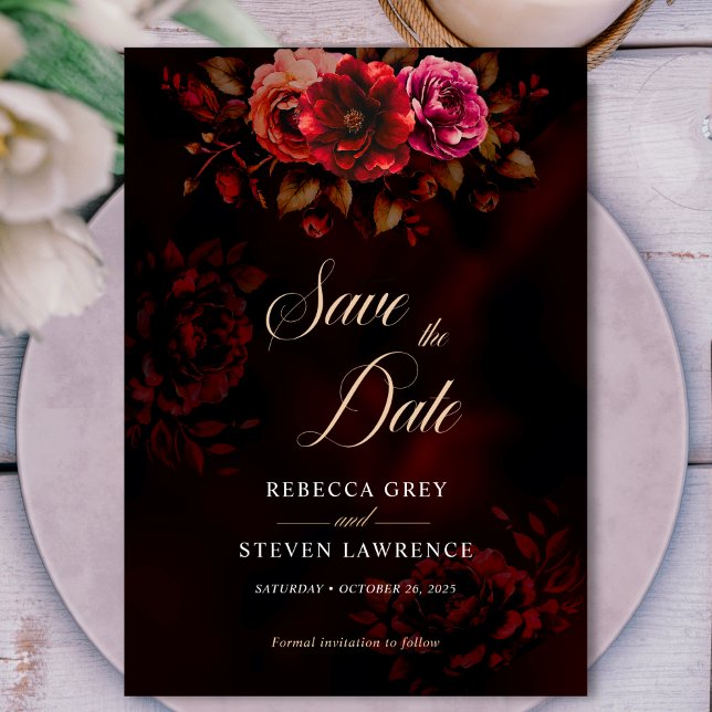 Save The Date Fleurs noires rouge foncé élégantes Mariage (Créateur téléchargé)