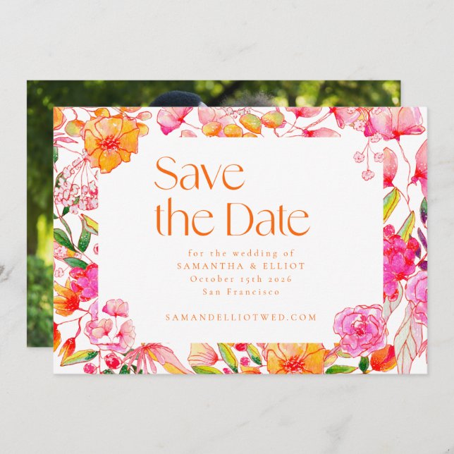 Save The Date Fleurs orange rose moderne Mariage Photo Retour (Devant / Derrière)