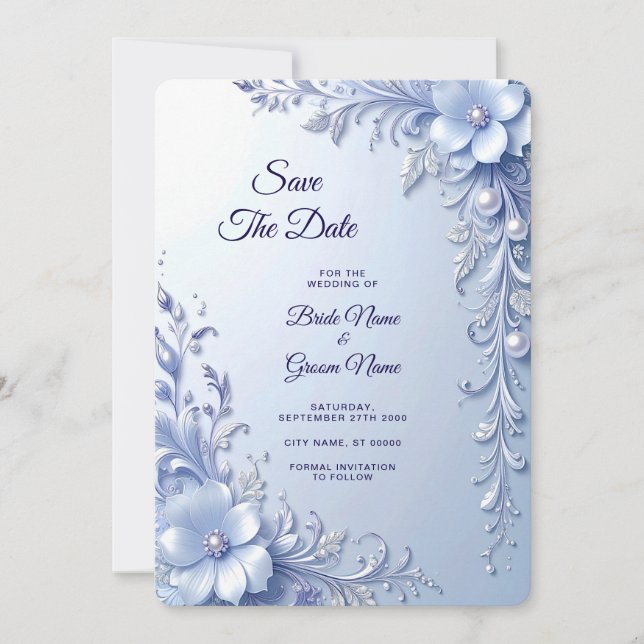Save The Date Fleurs Ornées Bleues avec Perles Enregistrez la Da (Devant)
